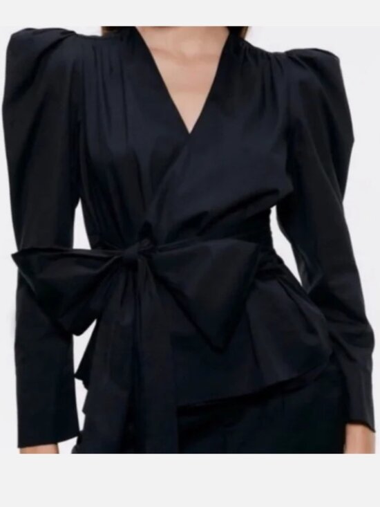 Zara | Elegant Wrap Blouse with Puff Sleeves L - Picture 1 of 6
